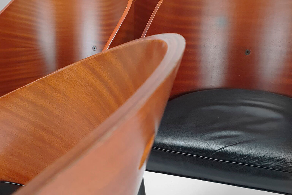 Costes Chairs in Black Leather, Mahogany & Steel by Philippe Starck for Aleph / Driade, 1980s, Set of 6