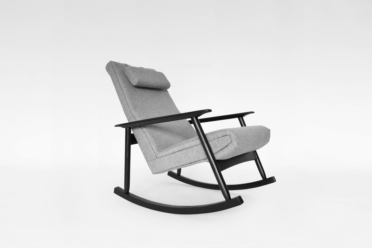 Azuolas Rocking Chair in Grey Fabric & Black Painted Oak by V.E. Cukermaniene for VBK, 1970s