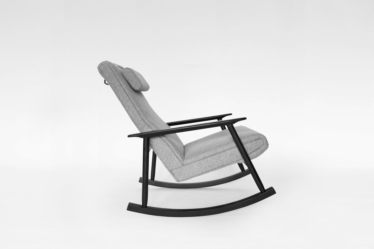 Azuolas Rocking Chair in Grey Fabric & Black Painted Oak by V.E. Cukermaniene for VBK, 1970s