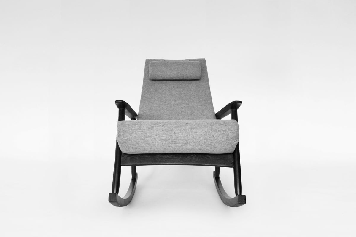 Azuolas Rocking Chair in Grey Fabric & Black Painted Oak by V.E. Cukermaniene for VBK, 1970s