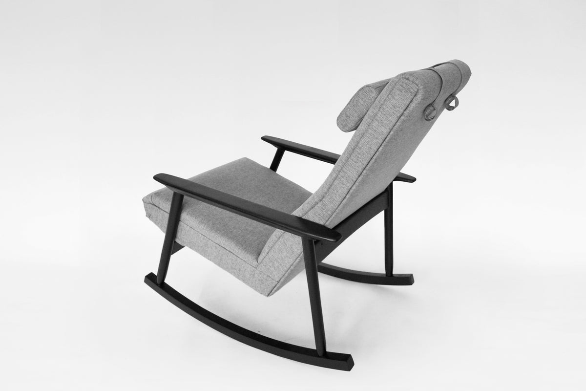 Azuolas Rocking Chair in Grey Fabric & Black Painted Oak by V.E. Cukermaniene for VBK, 1970s