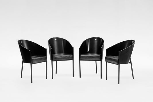 Costes Dining Chairs in Black Leather, Moulded Wood & Metal by Philippe Starck for Aleph Driade, 1980s, Set of 4