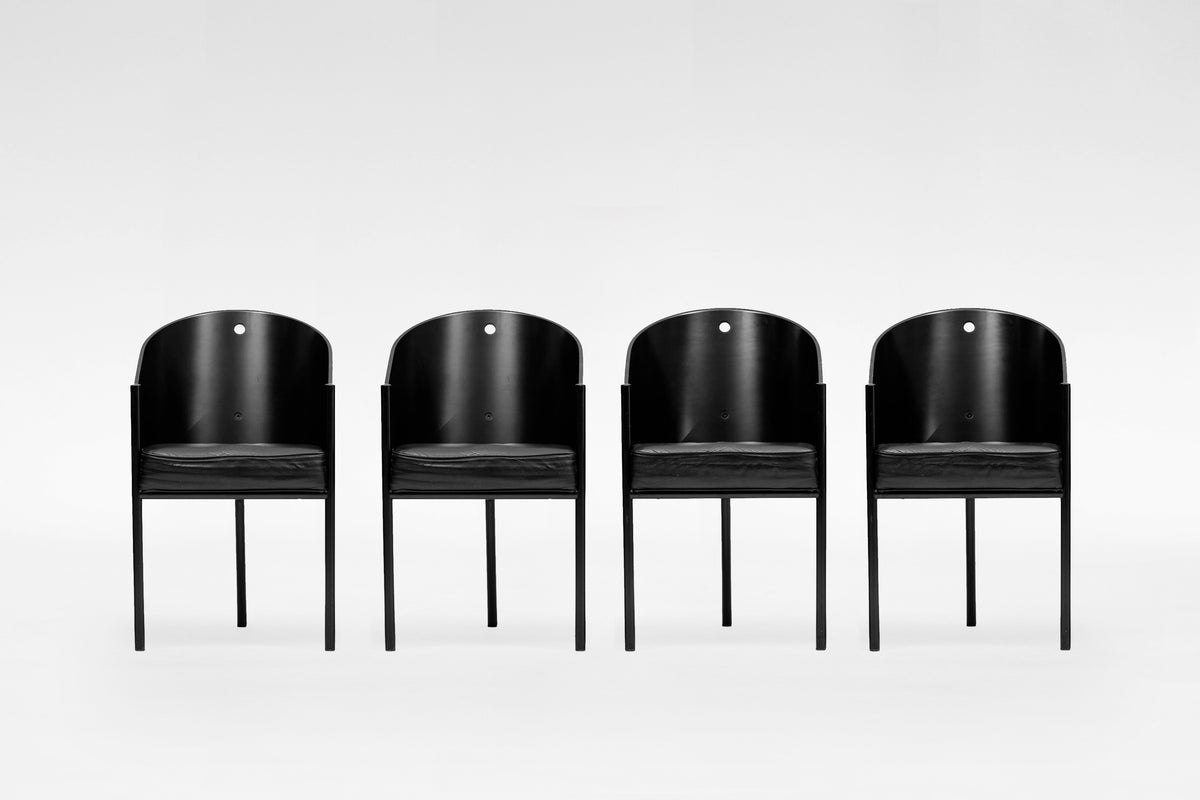 Costes Dining Chairs in Black Leather, Moulded Wood & Metal by Philippe Starck for Aleph Driade, 1980s, Set of 4