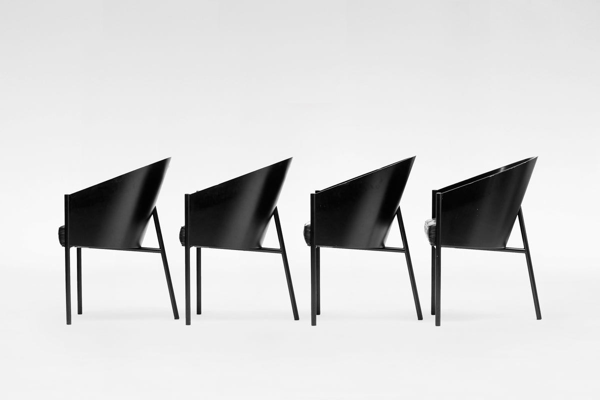 Costes Dining Chairs in Black Leather, Moulded Wood & Metal by Philippe Starck for Aleph Driade, 1980s, Set of 4