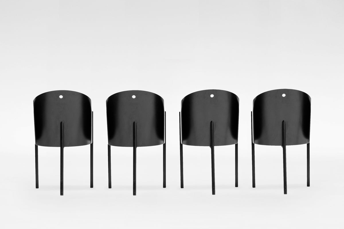 Costes Dining Chairs in Black Leather, Moulded Wood & Metal by Philippe Starck for Aleph Driade, 1980s, Set of 4