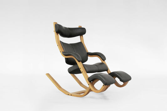 Gravity Balans Lounge Chair in Black Leather & Beige Plywood by Peter Opsvik for Varier, 1990s
