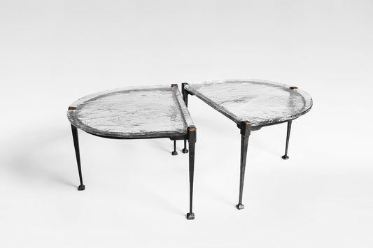 Brutalist Sculptural Tables in Forged Bronze & Cast Glass by Lothar Klute, Germany, 1990s, Set of 2