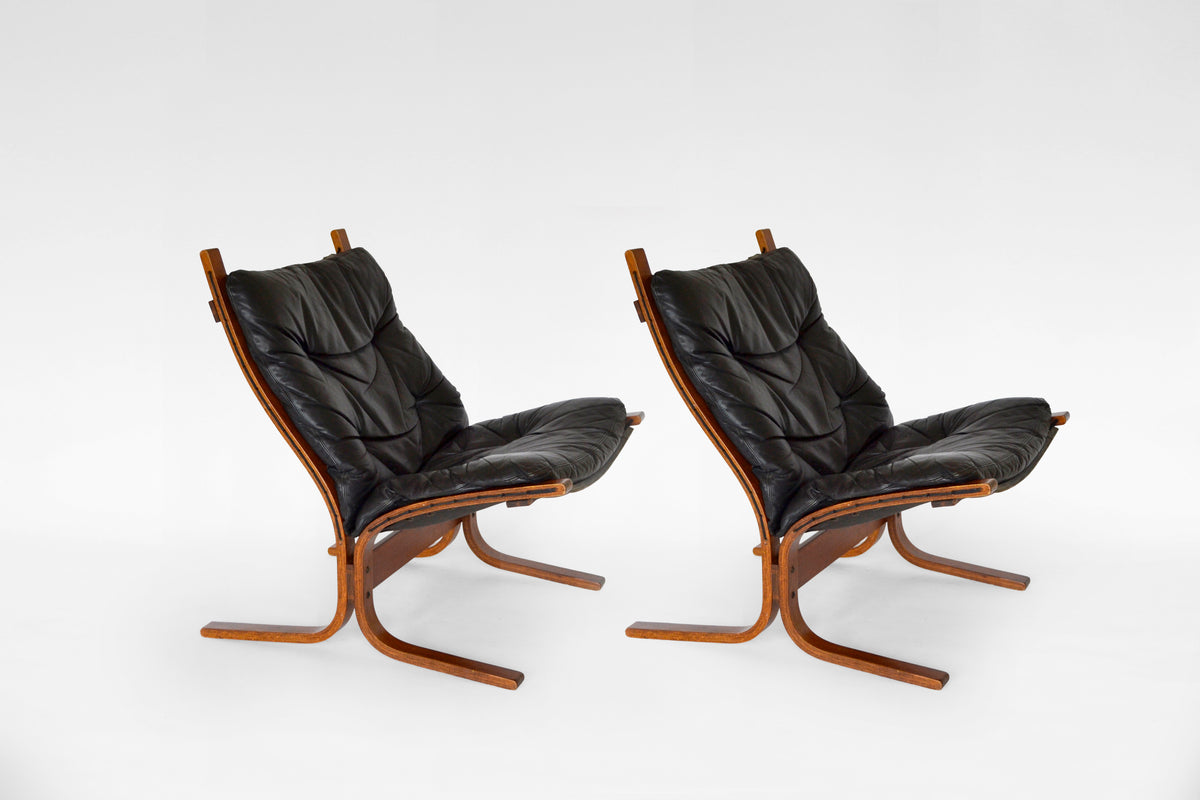 Siesta Chairs in Black Leather & Bent Plywood by Ingmar Relling for Westnofa, 1970s, Set of 2