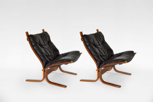 Siesta Chairs in Black Leather & Bent Plywood by Ingmar Relling for Westnofa, 1970s, Set of 2
