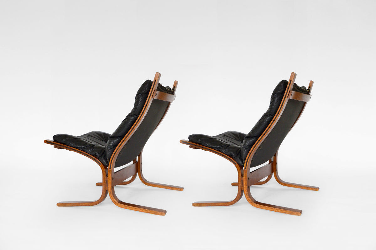 Siesta Chairs in Black Leather & Bent Plywood by Ingmar Relling for Westnofa, 1970s, Set of 2