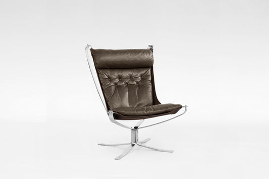 High-Back Falcon Lounge Chair in Brown Leather & Chrome by Sigurd Ressell for Vatne Møbler, 1970s