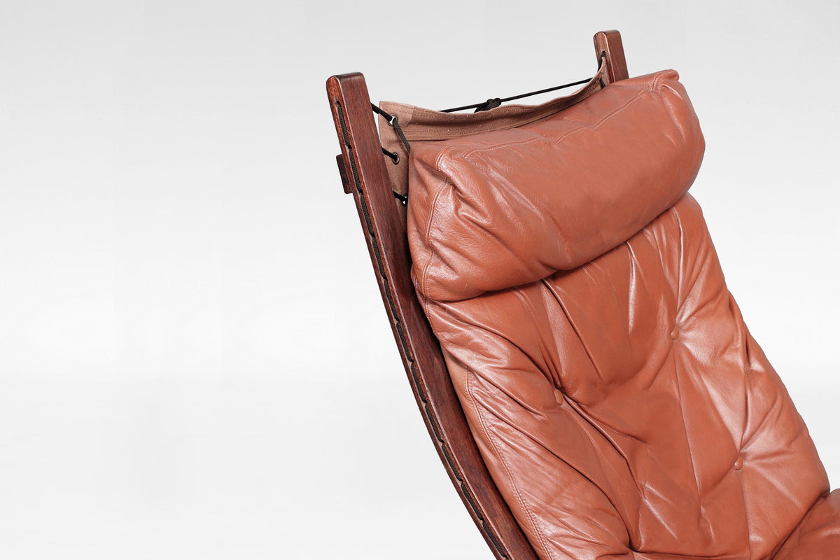 Siesta Lounge Chair & Ottoman in Cognac Leather & Plywood by Ingmar Relling for Westnofa, 1970s