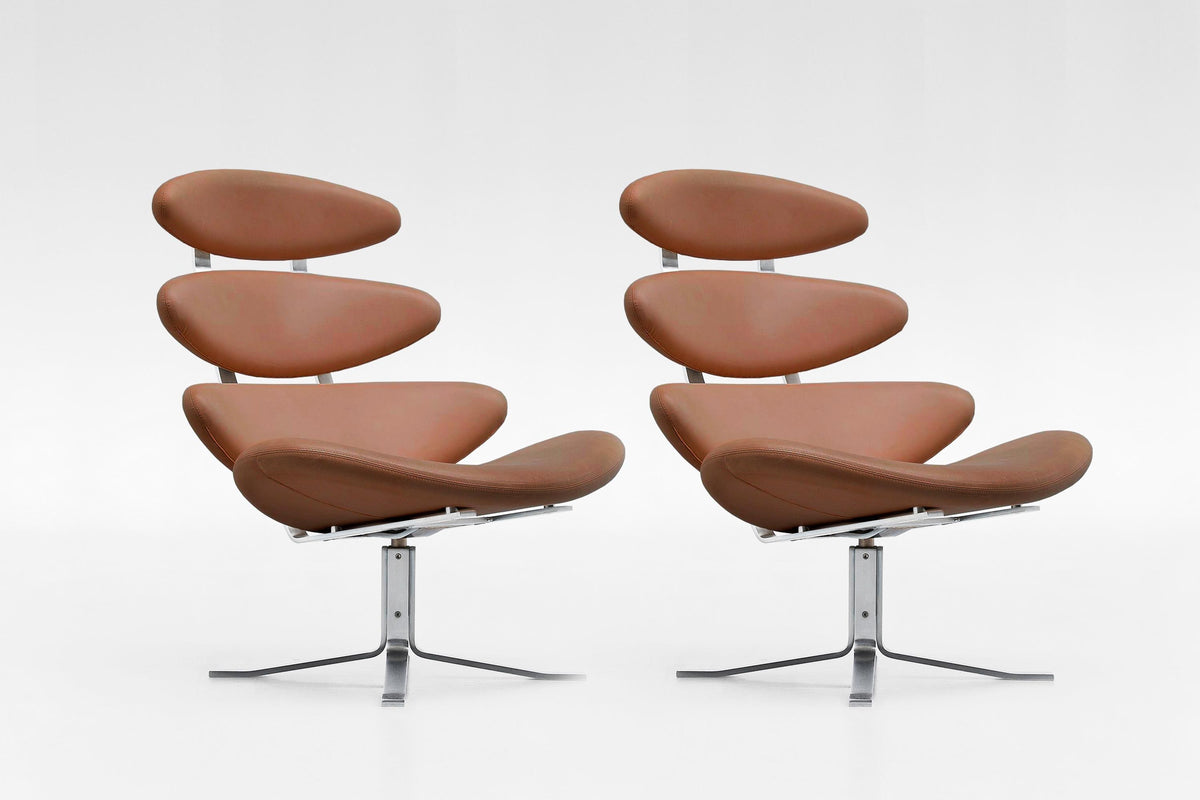 EJ5 Corona Lounge Chairs in Cognac Leather & Steel by Poul M. Volther for Erik Jørgensen, 1960s, Set of 2