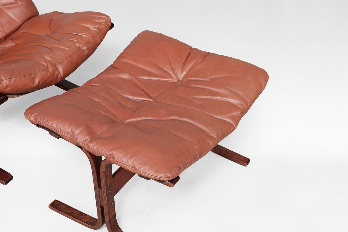 Siesta Lounge Chair & Ottoman in Cognac Leather & Plywood by Ingmar Relling for Westnofa, 1970s
