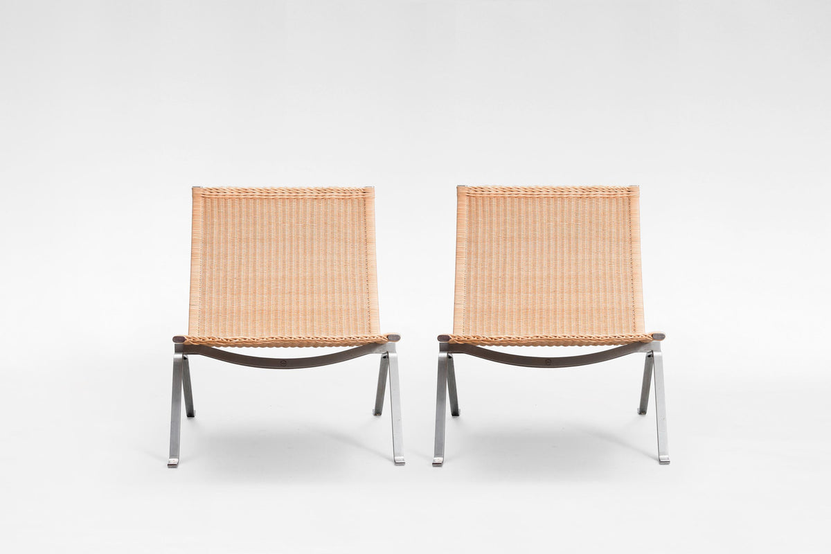 PK22 Lounge Chairs in Brushed Steel & Wicker by Poul Kjærholm for Fritz Hansen, 1950s, Set of 2