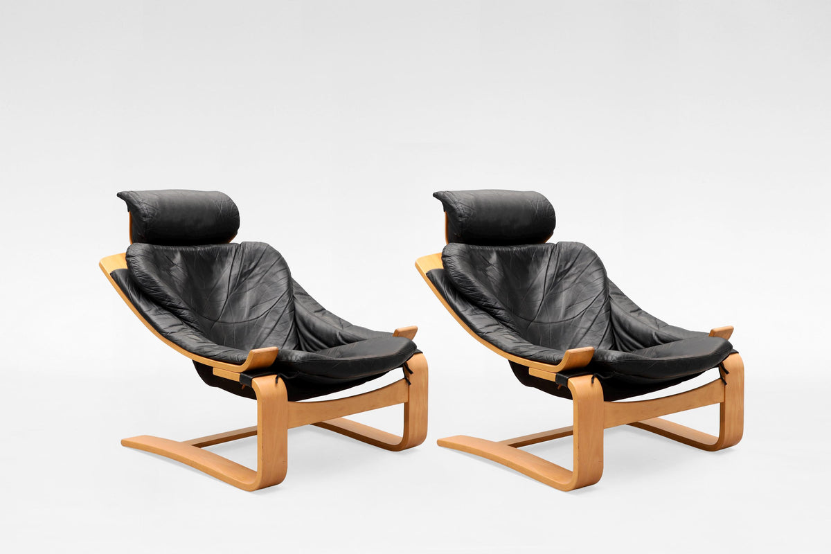 Kroken Lounge Chairs in Black Leather & Plywood by Åke Fribytter for Nelo Möbel, 1970s, Set of 2