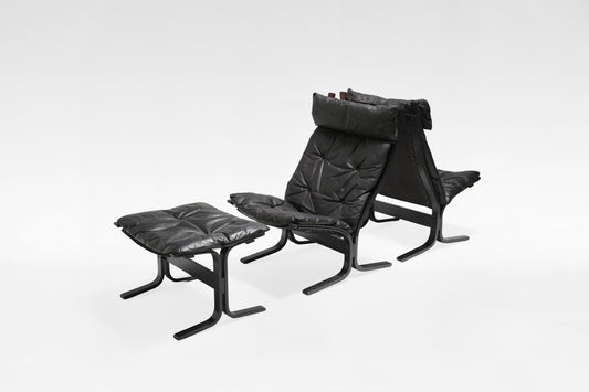 Siesta Lounge Chairs & Ottoman in  Black Leather & Plywood by Ingmar Relling for Westnofa, 1970s, Set of 3