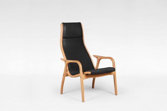 Lamino Lounge Chair in Black Leather & Laminated Beech by Yngve Ekström for Swedese, 1956