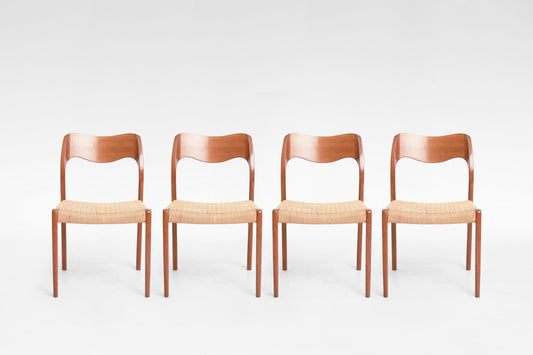 Model 71 Dining Chairs in Paper Cord & Teak by Niels Otto Møller for J.L. Møller Møbelfabrik, 1950s, Set of 4