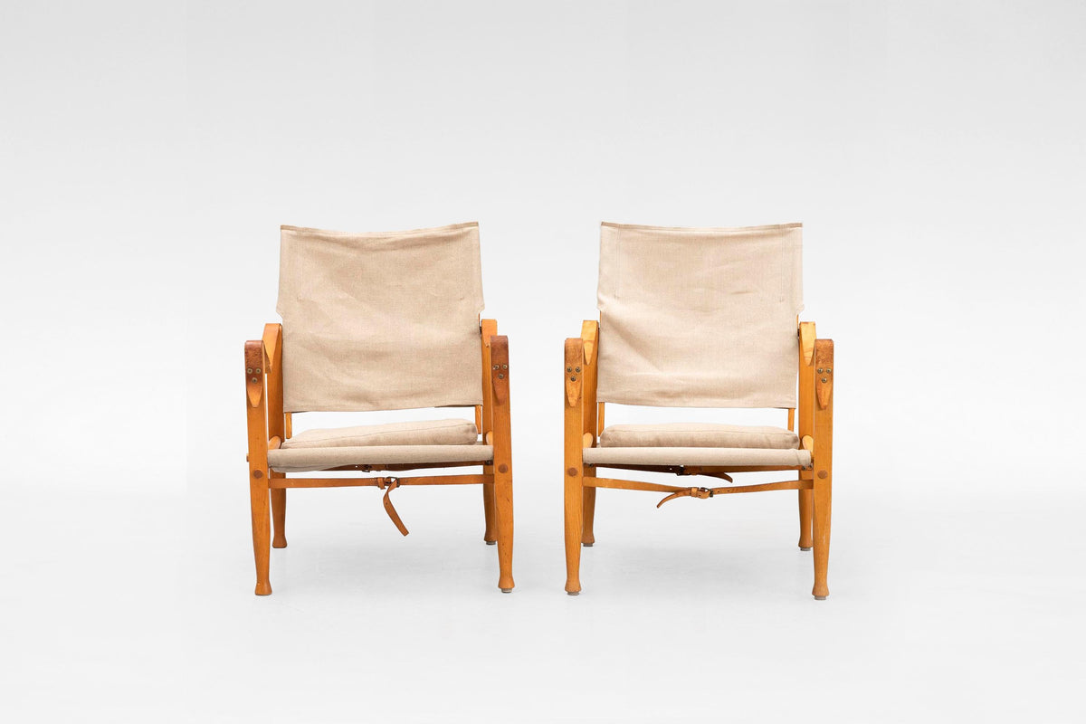 Safari Lounge Chairs in Off-White Canvas & Ash Wood by Kaare Klint for Rud. Rasmussen, 1960s, Set of 2