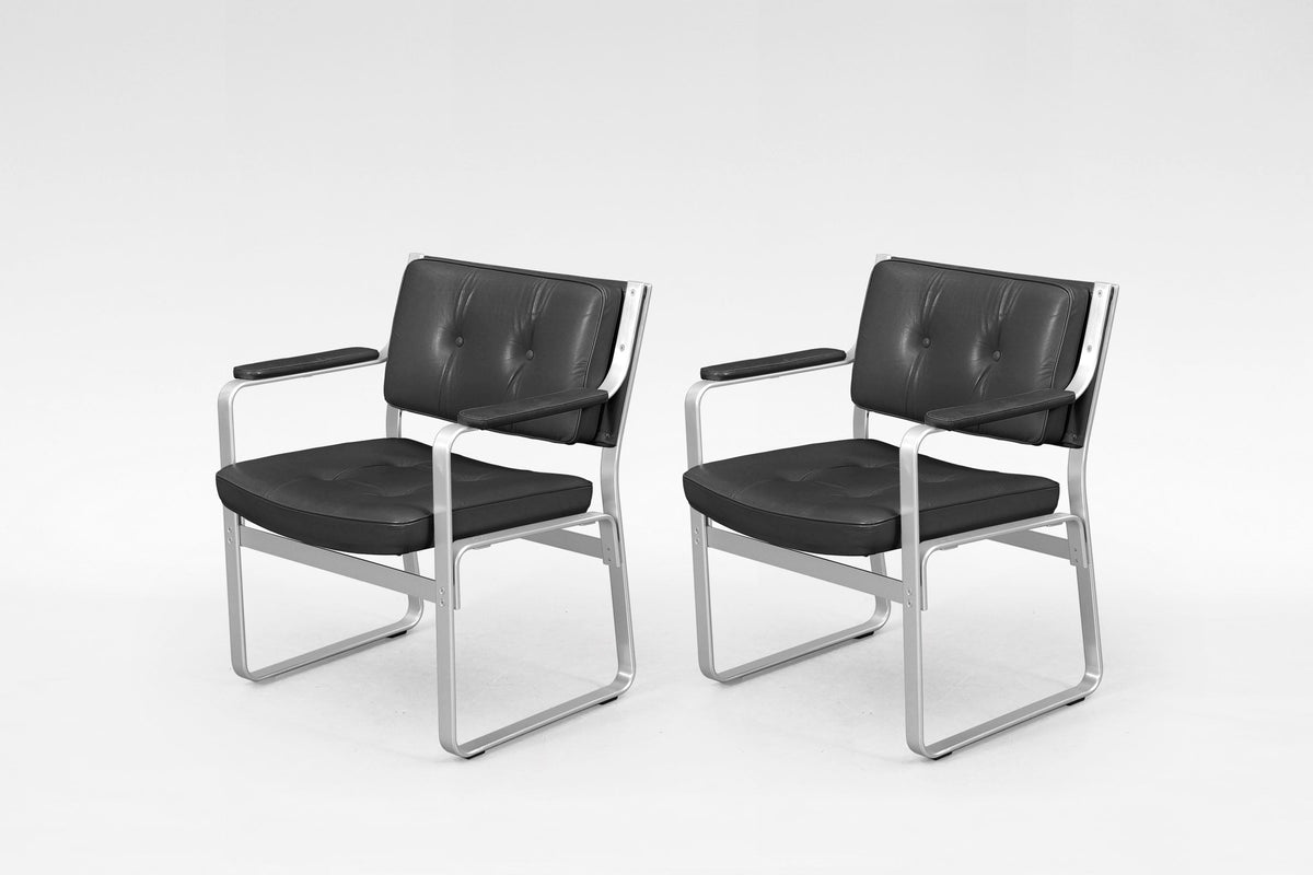 Mondo Armchairs in Black Leather and Aluminum by Karl Erik Ekselius for JOC Vetlanda, 1970s, Set of 2
