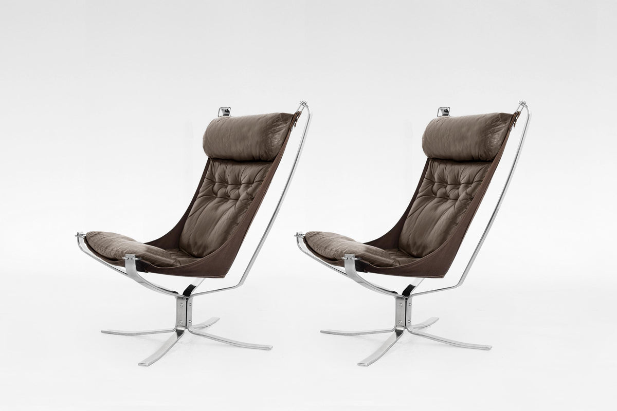 Highback Falcon Lounge Chairs in Brown Leather & Chrome by Sigurd Ressell for Vatne Møbler, 1970s, Set of 2