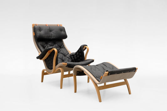 Vintage Black Leather Pernilla Lounge Chair Ottoman Bruno Mathsson DUX 1969 Scandinavian Original Mid Century Modern Minimalist Furniture