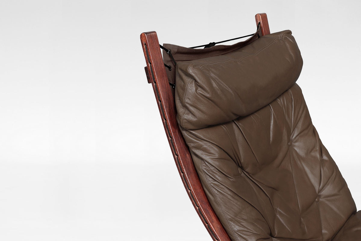 High-Back Siesta Lounge Chair & Ottoman in Brown Leather & Plywood by Ingmar Relling for Westnofa, 1970s