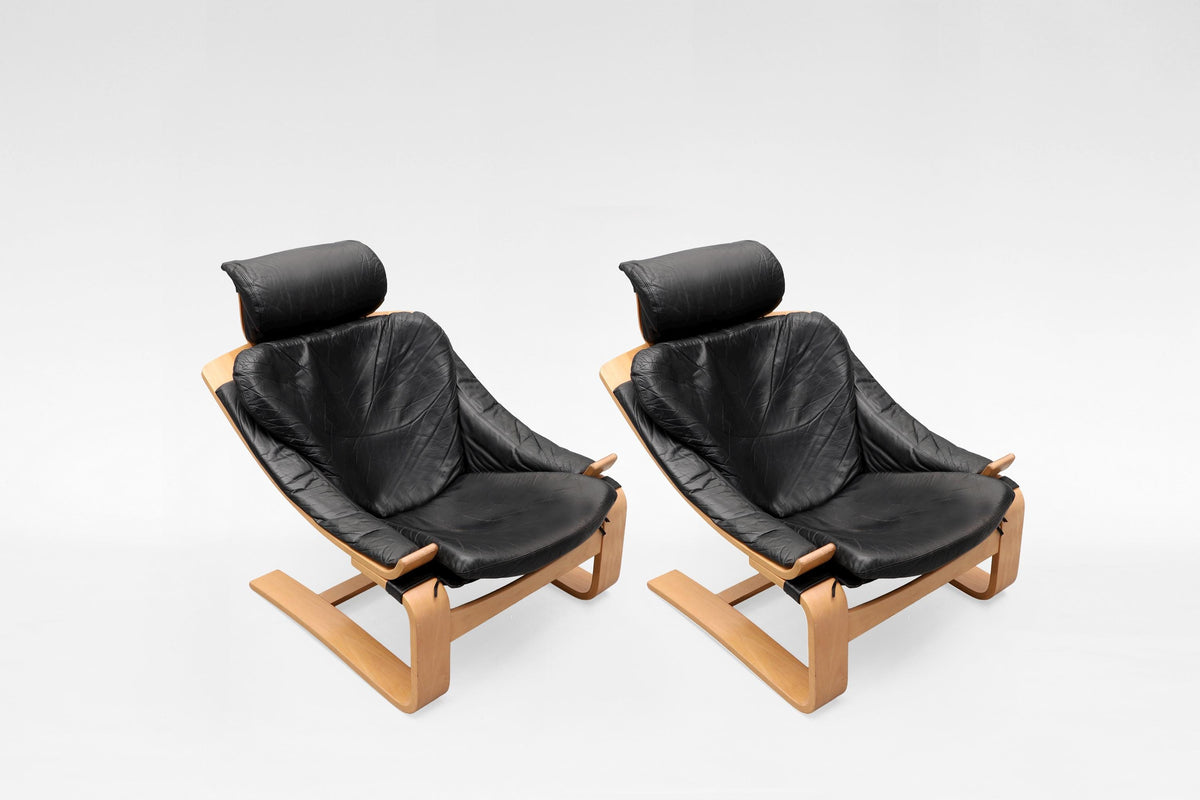 Kroken Lounge Chairs in Black Leather & Plywood by Åke Fribytter for Nelo Möbel, 1970s, Set of 2