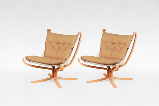 Falcon Lounge Chairs in Tan Leather & Bentwood by Sigurd Ressell for Vatne Møbler, 1970s, Set of 2