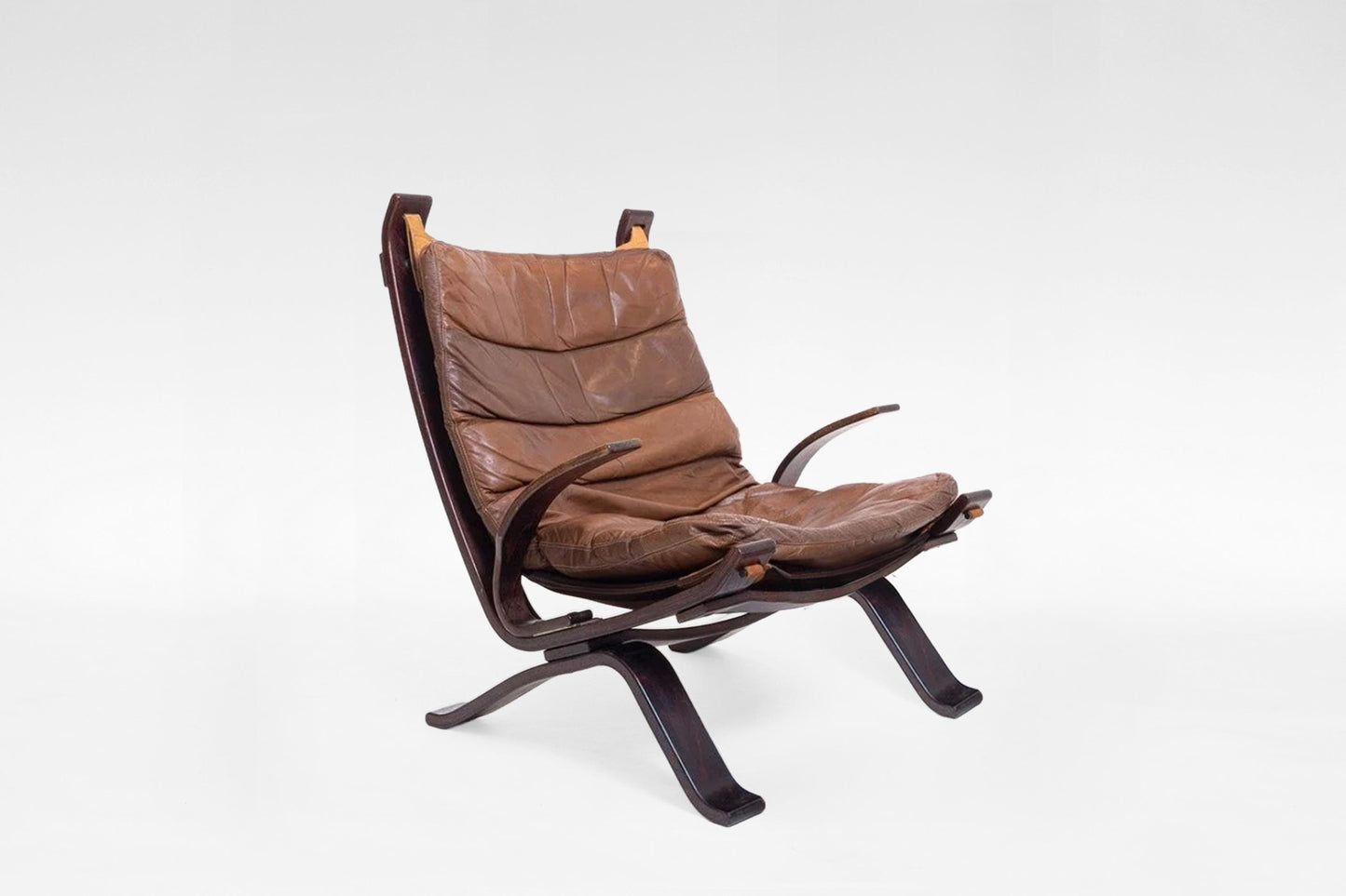 Vintage Cognac Leather Plywood Focus Sling Lounge Chair Bramin Møbler 1970s Scandinavian Mid Century Modern Minimalist Furniture Design