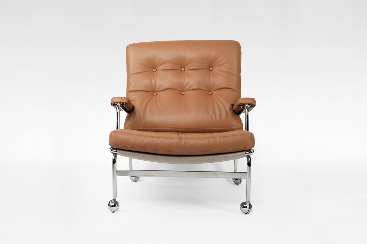 Karin Wheeled Lounge Chair In Cognac Leather & Chrome by Bruno Mathsson for DUX, 1960s