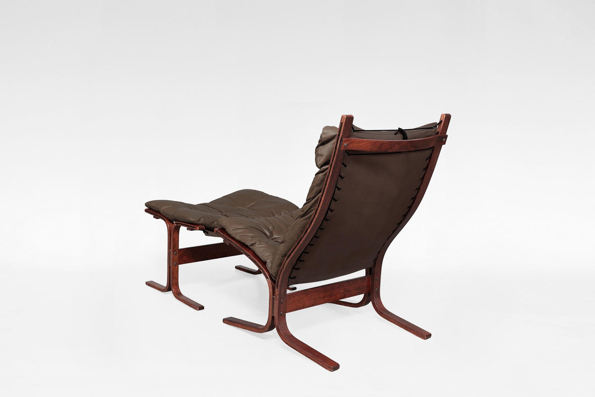 High-Back Siesta Lounge Chair & Ottoman in Brown Leather & Plywood by Ingmar Relling for Westnofa, 1970s