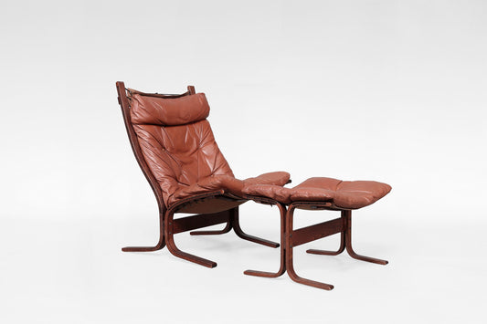 Siesta Lounge Chair & Ottoman in Cognac Leather & Plywood by Ingmar Relling for Westnofa, 1970s