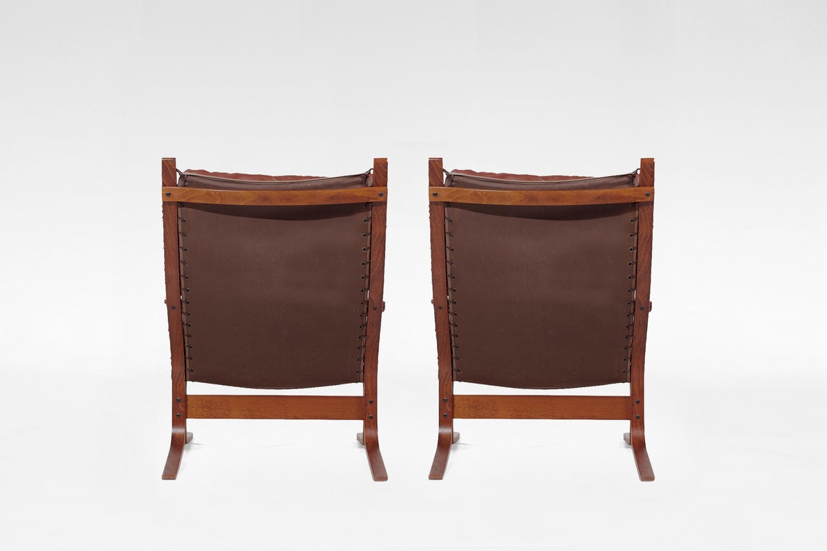 High-Back Siesta Lounge Chairs in Cognac Leather & Plywood by Ingmar Relling for Westnofa, 1960s, Set of 2