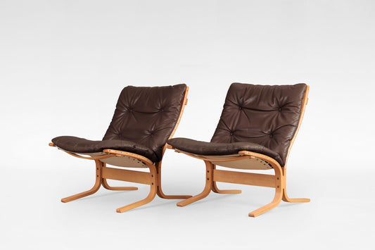 Siesta Lounge Chairs in Peanut Brown Leather & Plywood by Ingmar Relling for Westnofa, 1970s, Set of 2