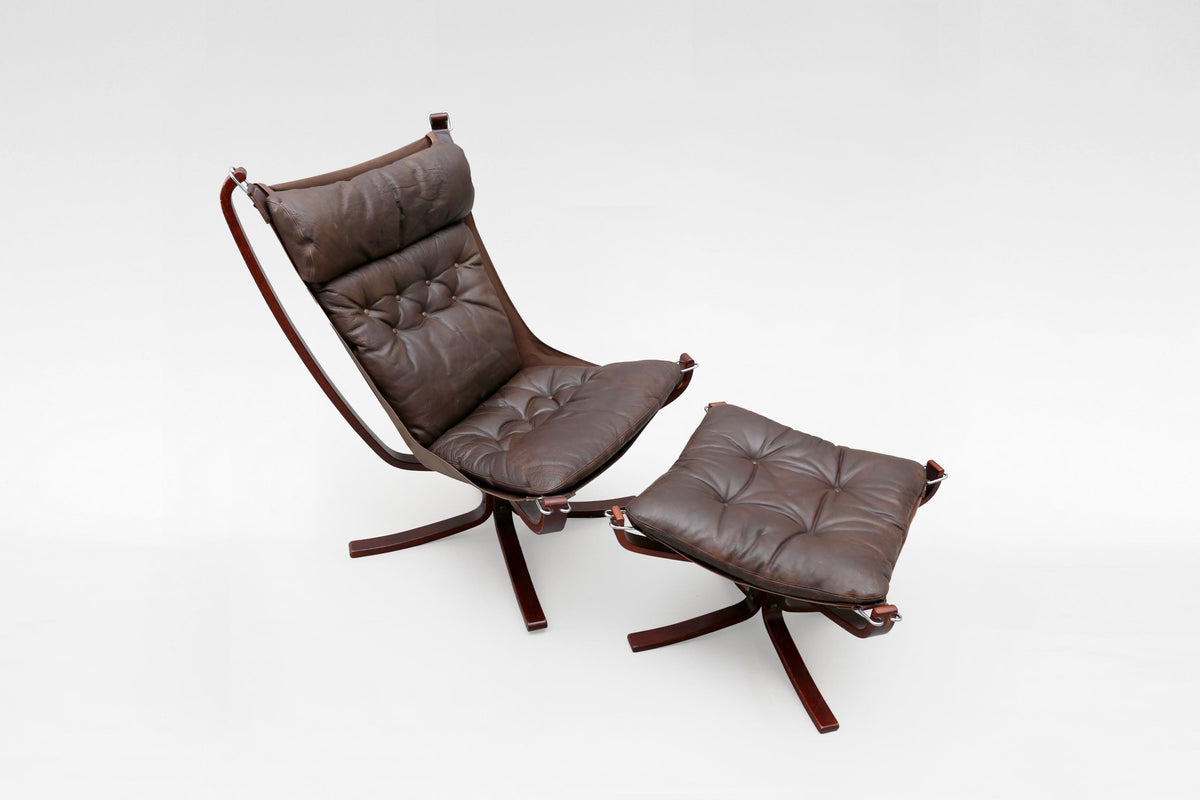 Falcon Lounge Chair & Ottoman in Dark Brown Leather by Sigurd Ressell for Vatne Møbler, 1970s, Set of 2