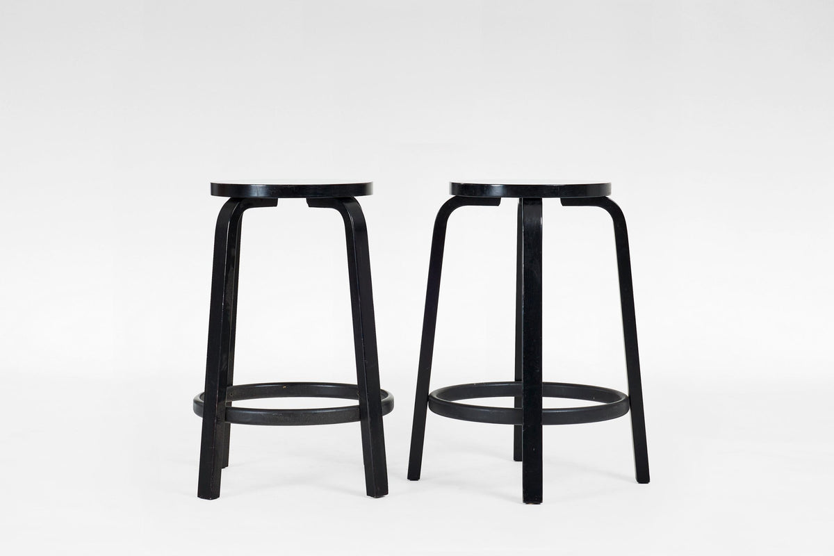 Model 64 Bar Stools in Black Painted Plywood by Alvar Aalto for Artek, 1930s, Set of 4