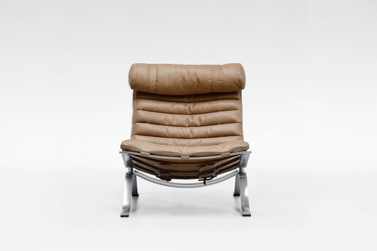 Vintage Tan Leather Steel Ari Sling Lounge Chair Arne Norell AB 1960s Original Scandinavian Mid Century Modern Minimalist Furniture Icon