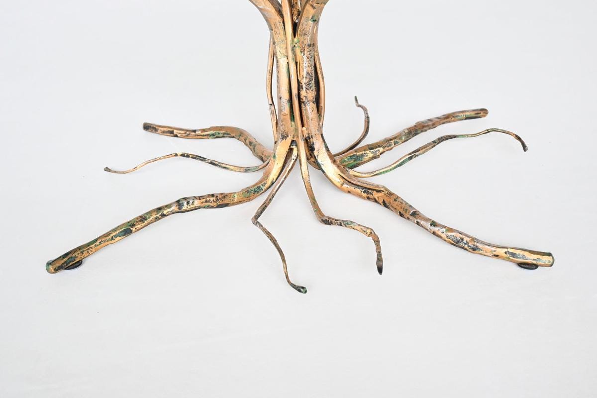 Brutalist Sculptural Tree-Shaped Gold-Plated Wrought Iron & Glass Coffee Table by Salvino Marsura, 1960s