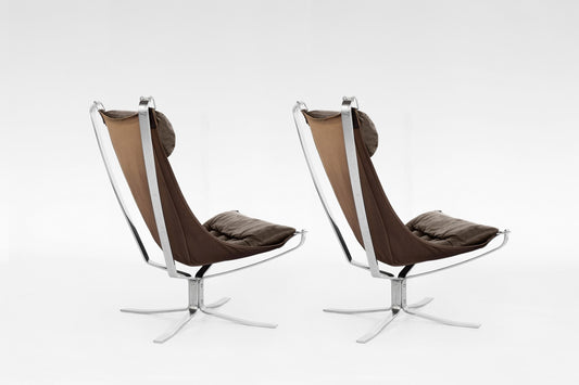 Highback Falcon Lounge Chairs in Brown Leather & Chrome by Sigurd Ressell for Vatne Møbler, 1970s, Set of 2