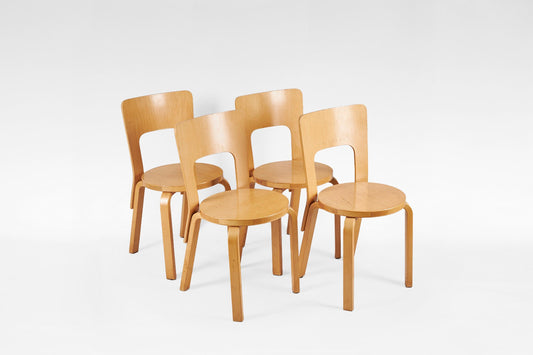 Model 66 Dining Chairs in Natural Bent Birch Plywood by Alvar Aalto for Artek 1930s, Set of 4
