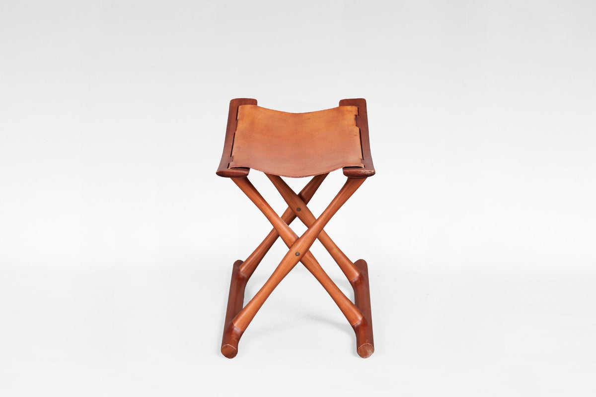 Egyptian Stool in Cognac Leather & Teak by Ole Wanscher for PJ Møbler, 1950s