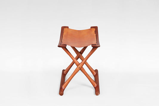 Egyptian Stool in Cognac Leather & Teak by Ole Wanscher for PJ Møbler, 1950s