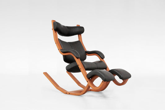Gravity Balans Lounge Chair in Black Leather & Honey Plywood by Peter Opsvik for Varier, 1990s