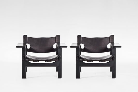 Spanish Chairs in Black Oak & Saddle Leather by Børge Mogensen for Fredericia, 1958, Set of 2