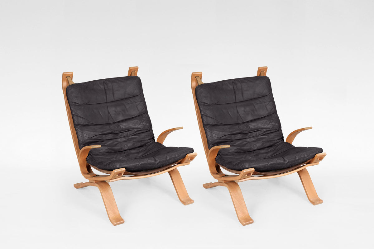 Focus Sling Lounge Chairs in Dark Brown Leather & Bent Plywood by Bramin Møbler, 1970s, Set of 2