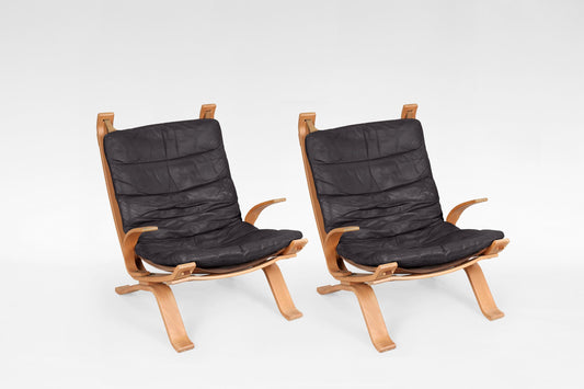 Focus Sling Lounge Chairs in Dark Brown Leather & Bent Plywood by Bramin Møbler, 1970s, Set of 2