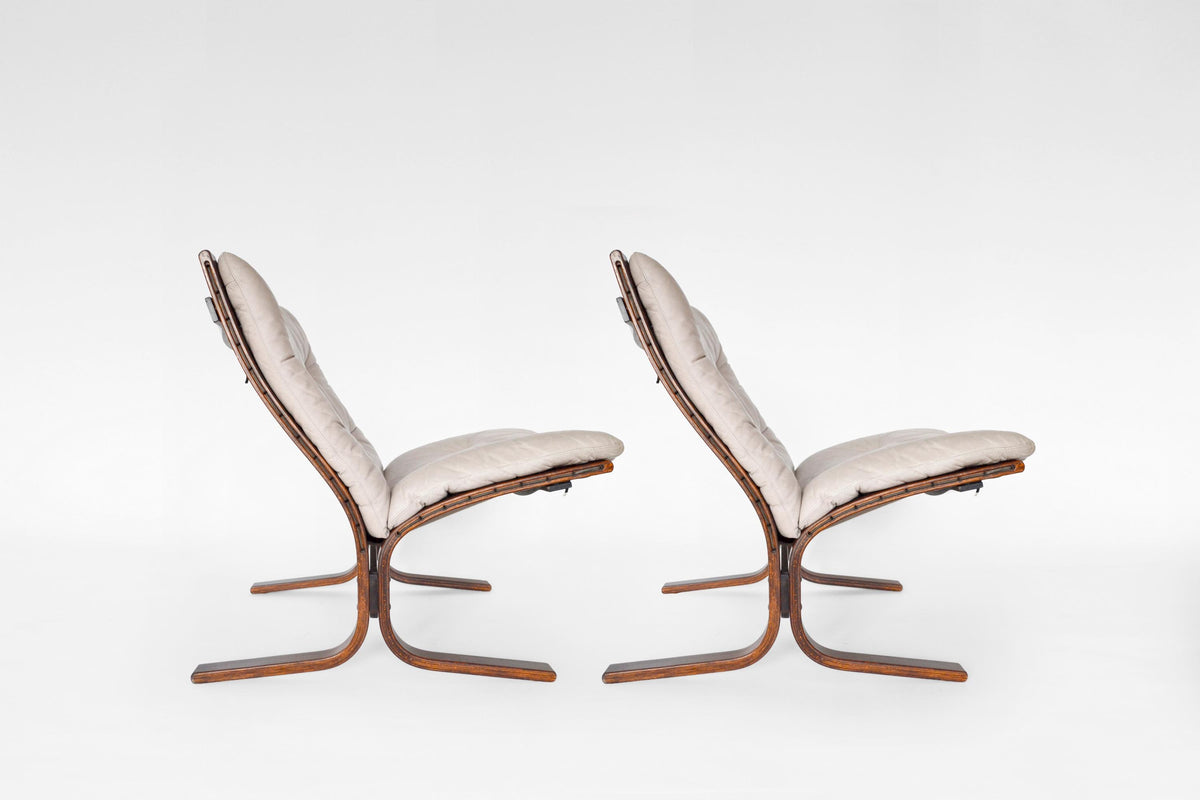 Siesta Lounge Chairs in Beige Leather & Bent Plywood by Ingmar Relling for Westnofa 1970s, Set of 2