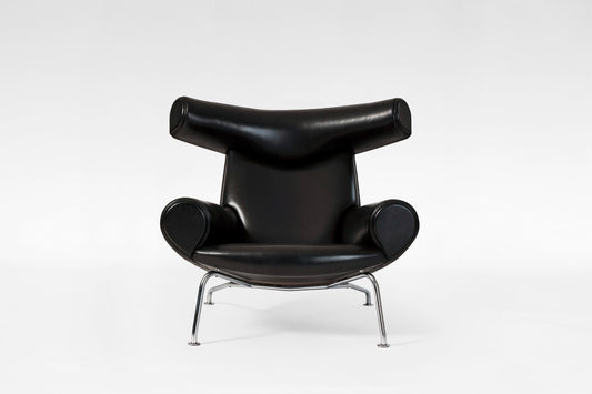 EJ100 Ox Chair in Black Leather & Steel by Hans J. Wegner for Erik Jørgensen, 1989